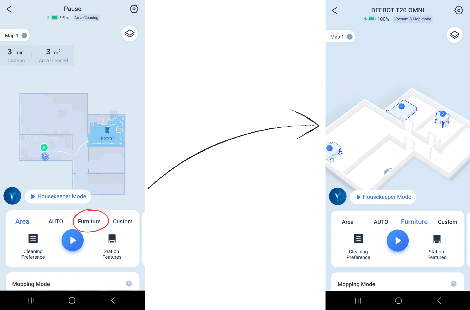 In der ECOVACS DEEBOT T20 OMNI App werden die einzelnen Möbelstücke ausgewählt, unter denen gereinigt werden soll.